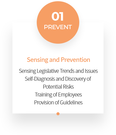 01 PREVENT Sensing and Prevention Sensing Legislative Trends and Issues Self-Diagnosis and Discovery of Potential Risks Training of Employees Provision of Guidelines