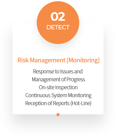 02 DETECT Risk Management (Monitoring) Response to Issues and Management of Progress On-site Inspection Continuous System Monitoring Reception of Reports (Hot-Line)