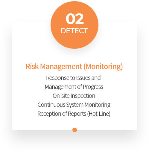 02 DETECT Risk Management (Monitoring) Response to Issues and Management of Progress On-site Inspection Continuous System Monitoring Reception of Reports (Hot-Line)